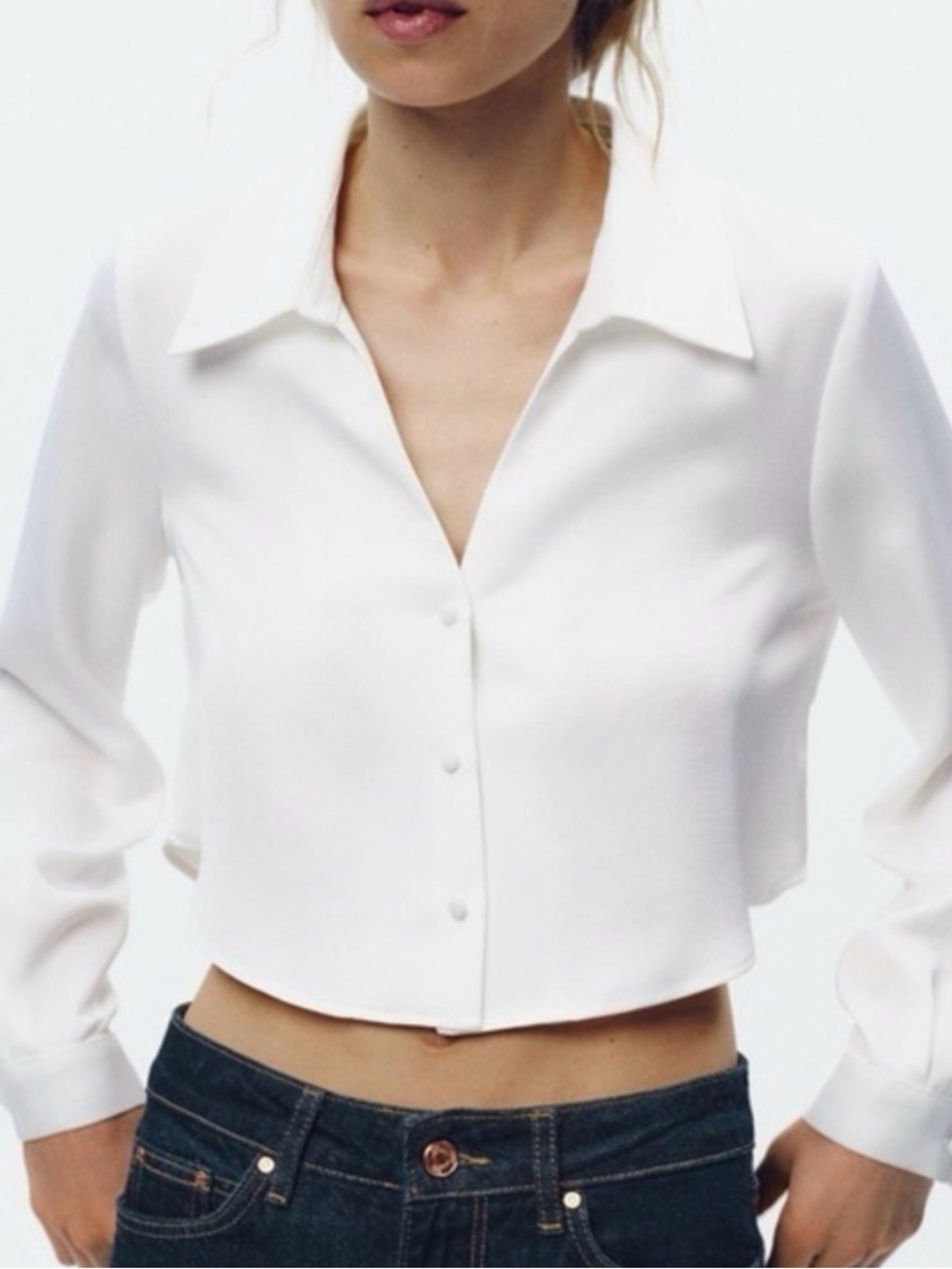 Zara White Cropped Button-Down Shirt